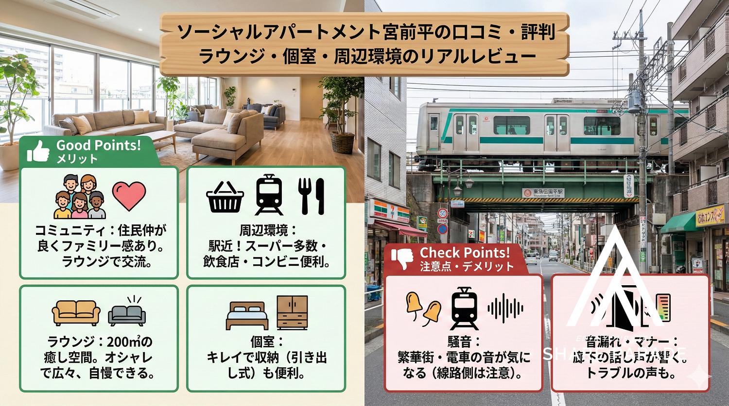 ソーシャルアパートメント宮前平の口コミ・評判｜ラウンジ・個室・周辺環境のリアルレビュー