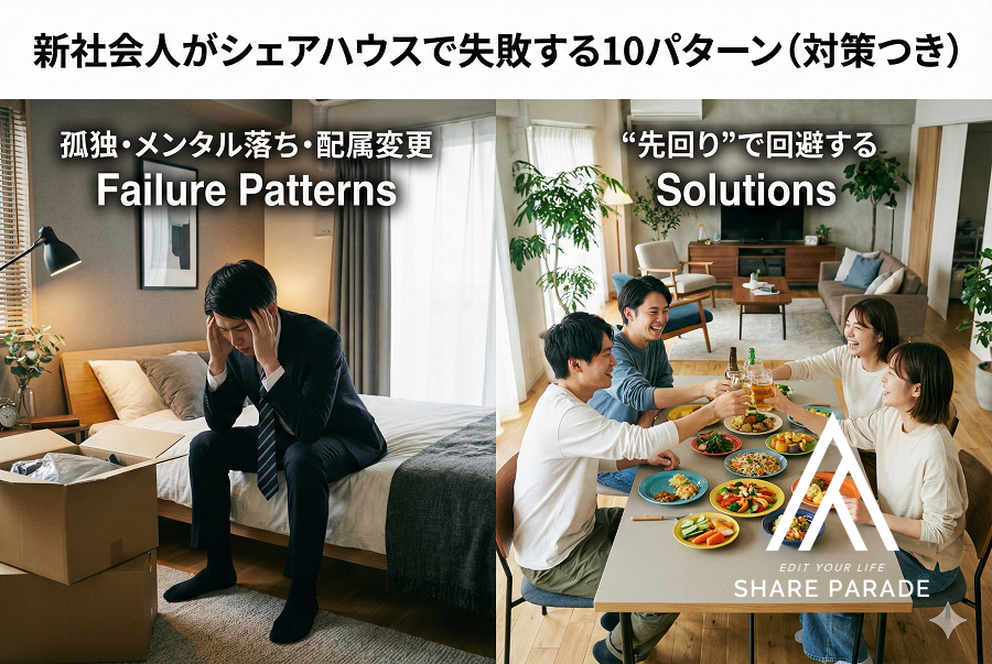 新社会人がシェアハウスで失敗する10パターン（対策つき）｜孤独・メンタル落ち・配属変更まで“先回り”で回避する