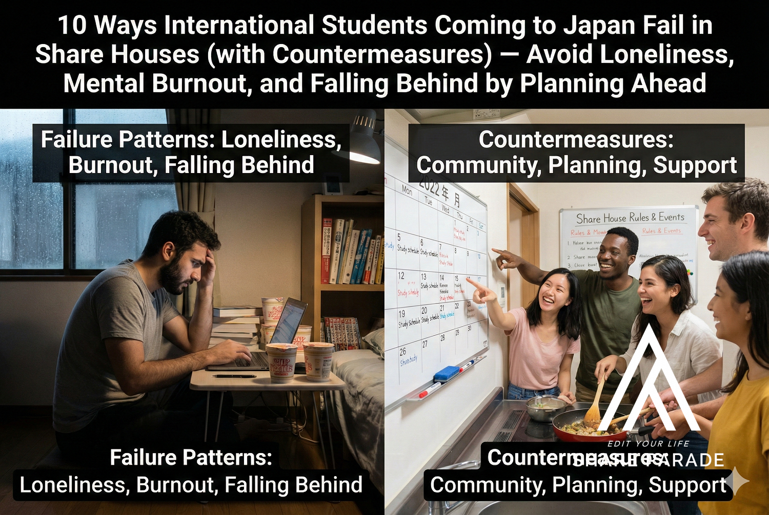 10 Ways International Students Coming to Japan Fail in Share Houses (with Countermeasures) — Avoid Loneliness, Mental Burnout, and Falling Behind in Your Studies by Planning Ahead