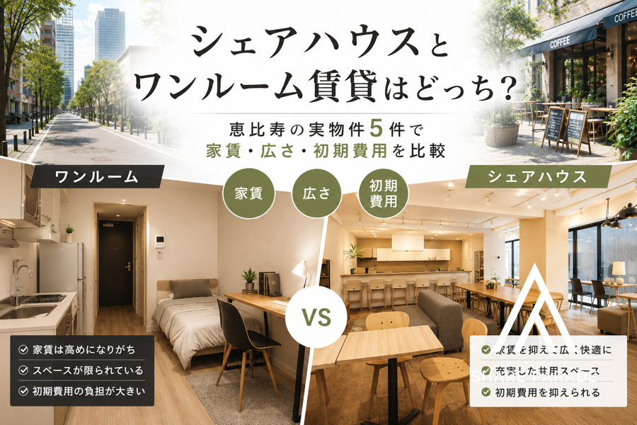 シェアハウスとワンルーム賃貸はどっち？恵比寿の実物件5件で家賃・広さ・初期費用を比較