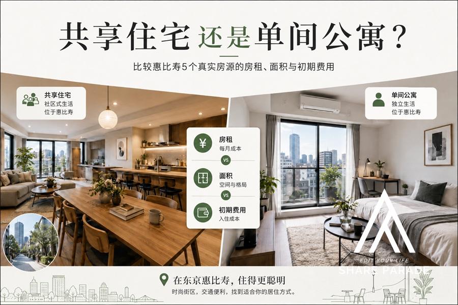 合租屋还是单间公寓？比较惠比寿5处实际房源的租金、面积及初期费用