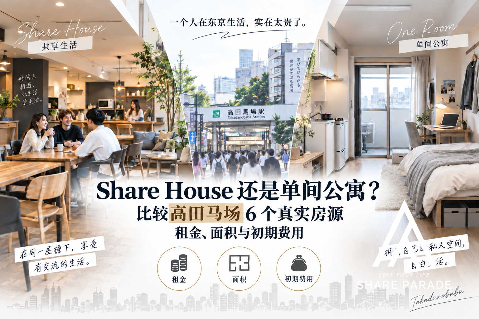 合租屋还是单间公寓？比较高田马场6处实际房源的租金、面积及初期费用